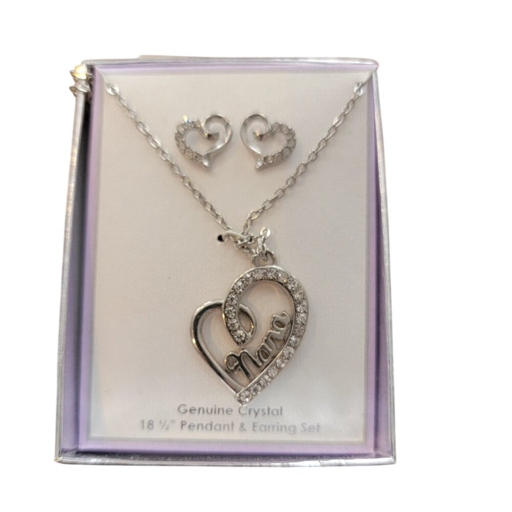 CZ Nana Necklace & Earrings Set Heart Shaped in Silver Tone Setting